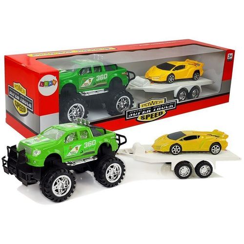 Set vozila Monster Truck sa sportskim autom na prikolici zeleno - žuti slika 1