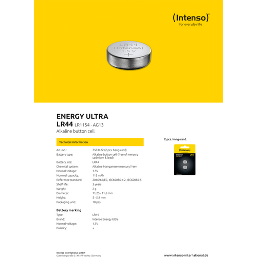 (Intenso) Baterija alkalna LR44/2, 1,5 V dugmasta, blister 2 kom slika 3