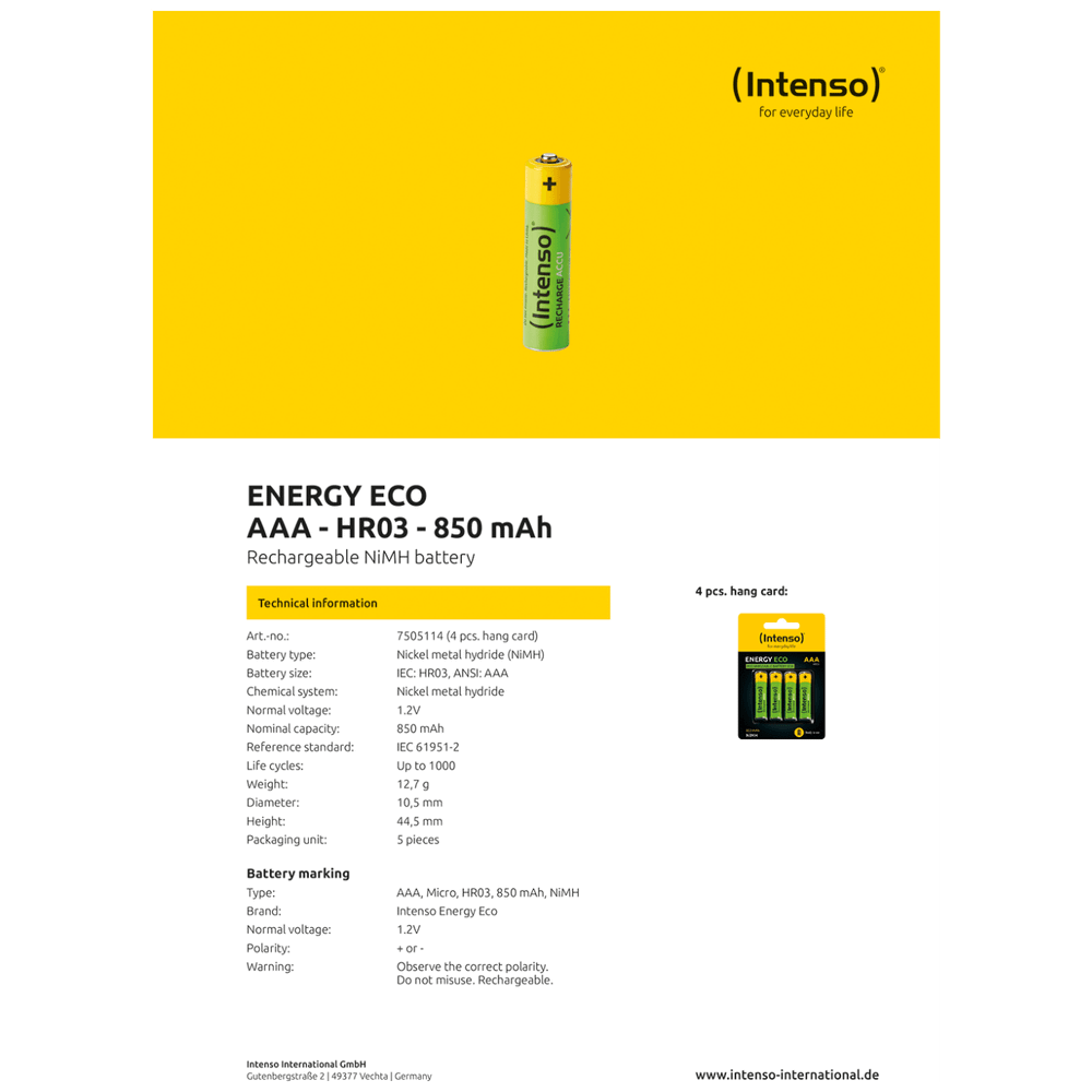 (Intenso) Baterija punjiva AAA / HR03, 850 mAh, blister 4 kom - AAA / HR03/850 slika 3