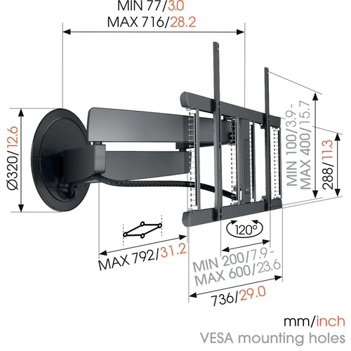 Vogels TVM7675, motorizirani zidni stalak za ekrane od 40"-77",pomak 120°, 35kg slika 6