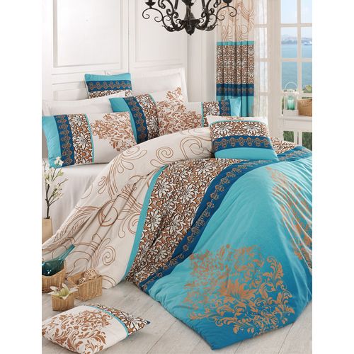 L'essential Maison Katre - Ranforce posteljina za bračni krevet u bojama tirkizne, bež, plave i braon slika 1