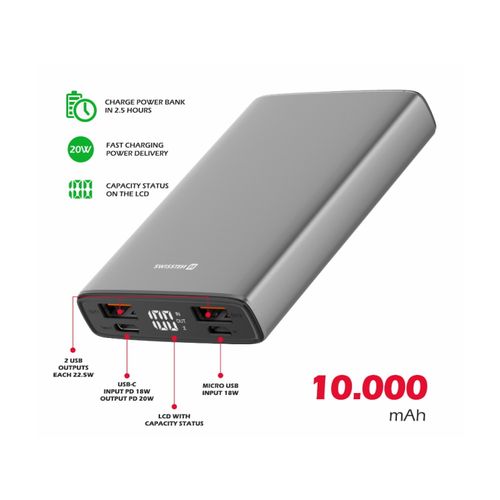 Dodatna baterija - Power Bank SWISSTEN 10000mAh, USB, USB-C, microSD, aluminij slika 2