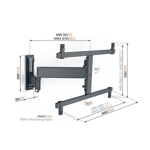 Vogels TVM3663, zidni nosač za ekrane od 40"-77", nagib do 20° pomak 180°, 35kg slika 3