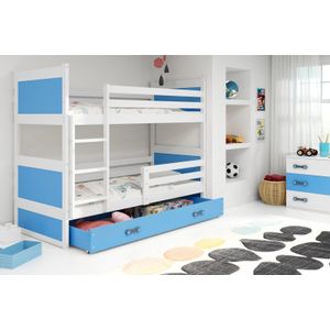 Drveni dječji krevet na sprat Rico sa ladicom - 190x80cm - Bijeli/Plavi
