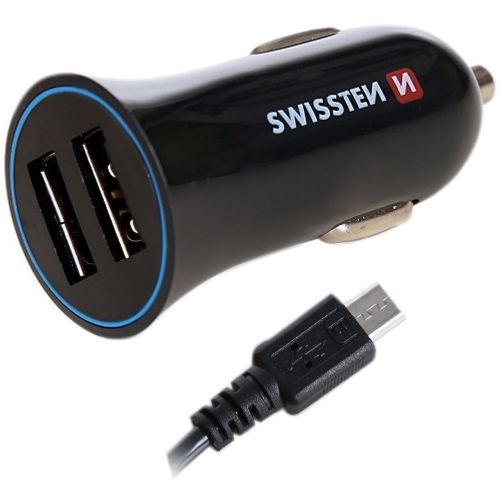 SWISSTEN punjač za auto, 2xUSB, 2.4A, crni + kabel za punjenje USB - microUSB slika 2