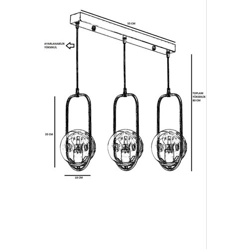 Ahu 3 Lü Sıralı Füme Camlı Siyah Sarkıt Black Chandelier slika 4