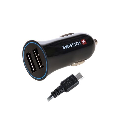 SWISSTEN punjač za auto, 2xUSB, 2.4A, crni + kabel za punjenje USB - microUSB slika 2