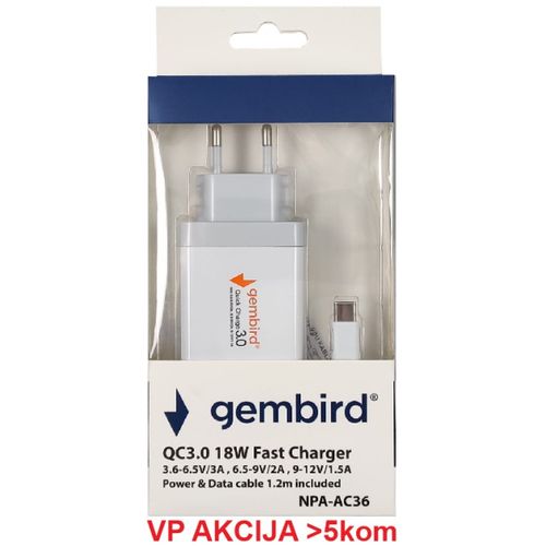 NPA-AC36 ** Gembird QC3.0 brzi punjac +Type C USB kabl,18W 3.6-6.5V/3A, 6.5V-9V/2A, 9V-12V/1.5A(351) slika 4