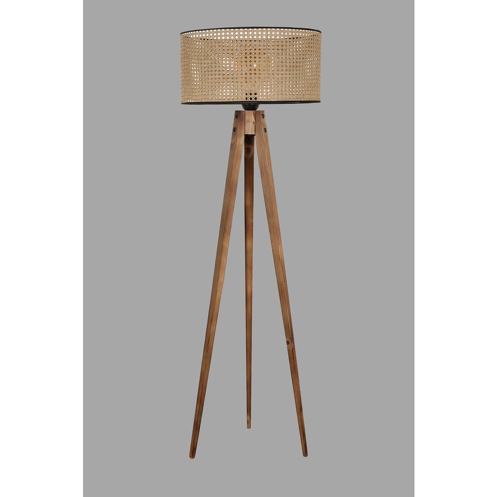 Tripod Lambader Yanık Silindir Rattan Abajurlu Brown Floor Lamp slika 1