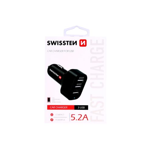 SWISSTEN punjač za auto, 3xUSB, 5.2A, 12-24V, crni slika 1