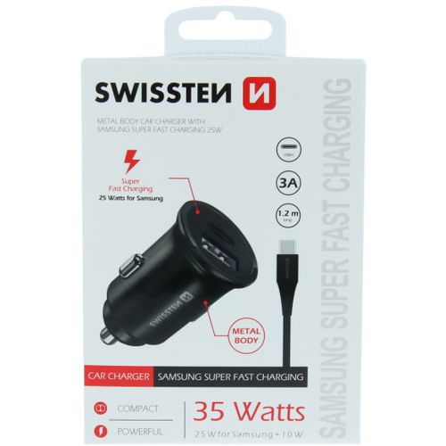 SWISSTEN punjač za auto, 1xUSB-C, 1xUSB, CL PRO Supe Fast 35W + USB-C kabel 1.2m slika 1