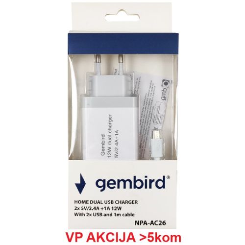 NPA-AC26 ** Gembird punjac za telefone i tablete 2x5v/2.4A+1A 12W +micro USB DATA kabl 1M (263) slika 1