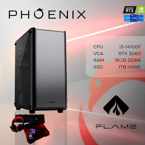 Phoenix računalo FLAME Y-601, Intel i3 14100F, 16GB DDR4, NVME SSD 1TB, RTX 3060 12GB, set miš, tipkovnica, podloga, slušalice slika 1