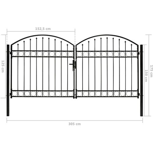 Dvostruka vrata za ogradu s lučnim vrhom čelična 300x125 cm crna slika 21