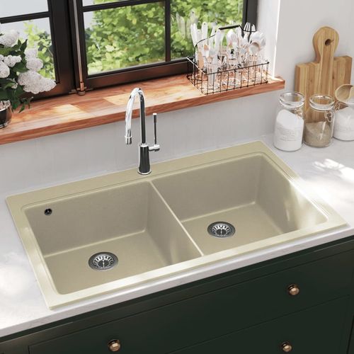 Granitni kuhinjski sudoper s dvostrukom kadicom bež slika 13