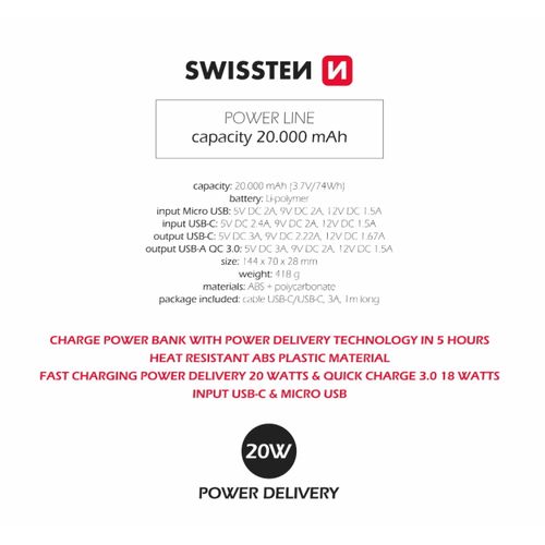 Dodatna baterija - Power Bank SWISSTEN 20000mAh, QC 3.0, USB-C, crna slika 5