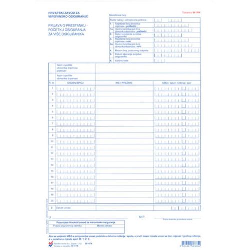 M-1 PK PRIJAVA O PRESTANKU-POČETKU ZA VIŠE OSIGURANIKA; Komplet 2 lista, 21 x 29,7 cm slika 1