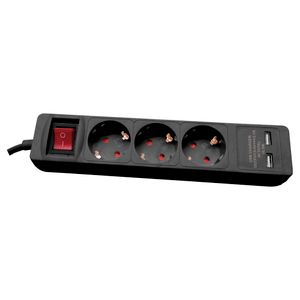 Trostruka prenosiva utičnica + 2 USB punjača sa sklopkom, 16 A 250 V ~ 3500 W , USB 5V DC 2,1 A, crna, H05VV-F 3G1,5 / 3 m  