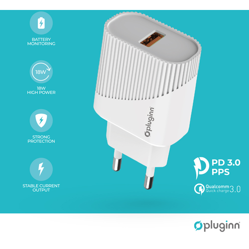 Kućni punjač Pluginn PI-D52S, QC3.0 18W sa lightning kablom beli slika 1