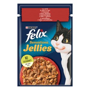 FELIX Sensations Jellies, potpuna hrana za odrasle mačke, mokra hrana sa govedinom i paradajzom u želeu, 85g