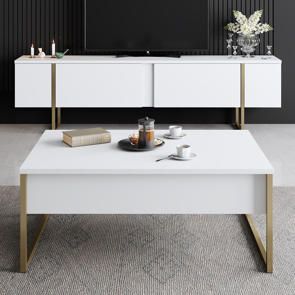 Luxe Set - Bijeli, Zlatno Bijeli Komplet Namještaja za Dnevni Boravak slika 2