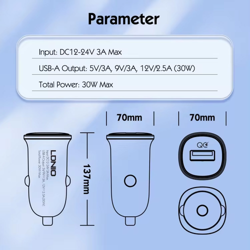 Auto punjac LDNIO C105, QC3.0, 30W USB Type C crni slika 5