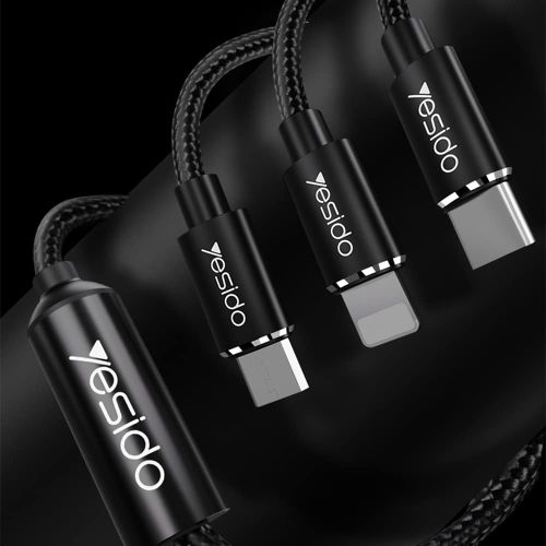 Yesido - Podatkovni kabel (CA-60) - 3u1 USB na Type-C-Lightning - Micro USB  60W 3A 1.2m - crni slika 4