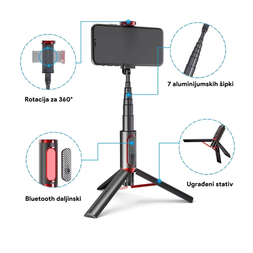 Selfie stick M18 mini + tripod beli/roze slika 3