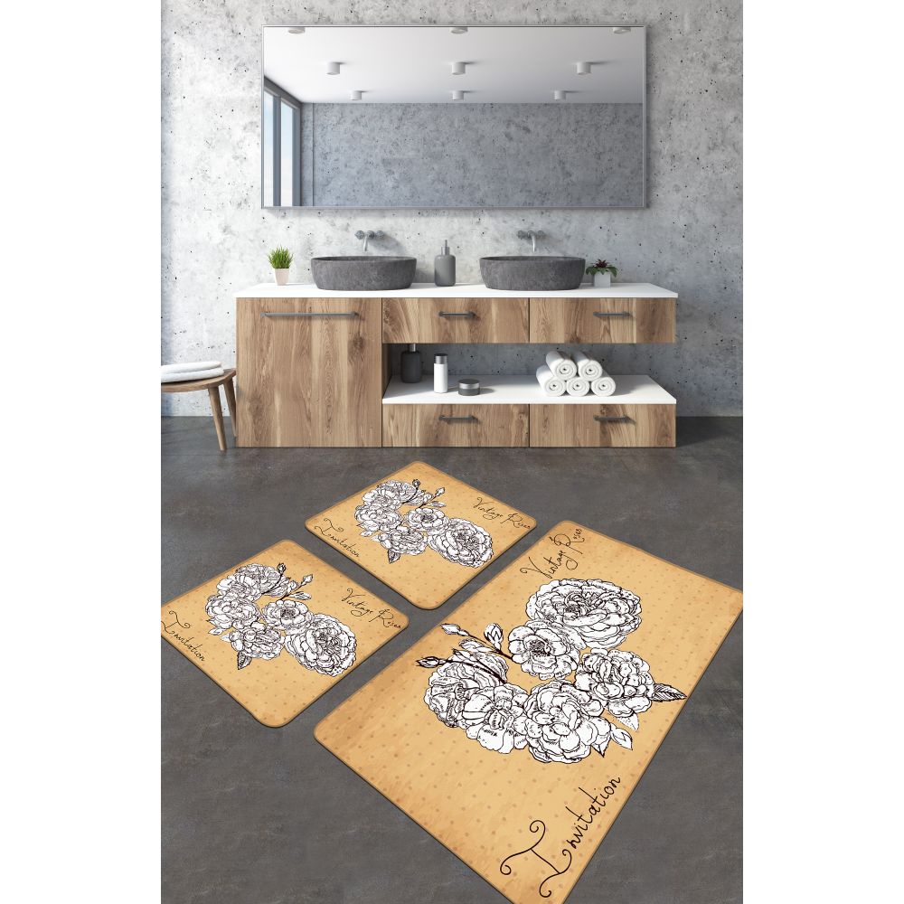 Set Kupatilskih Prostirki Vintage Roses u Žutoj, Crnoj i Bijeloj Boji (3 Dijela) slika 1