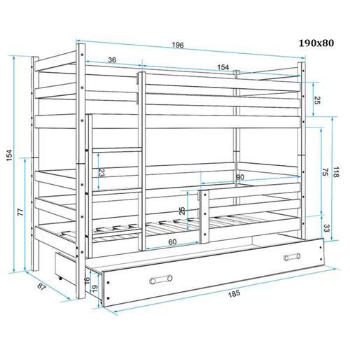 Drveni dječji krevet na kat Rico s ladicom - bijeli - 190*80cm slika 3