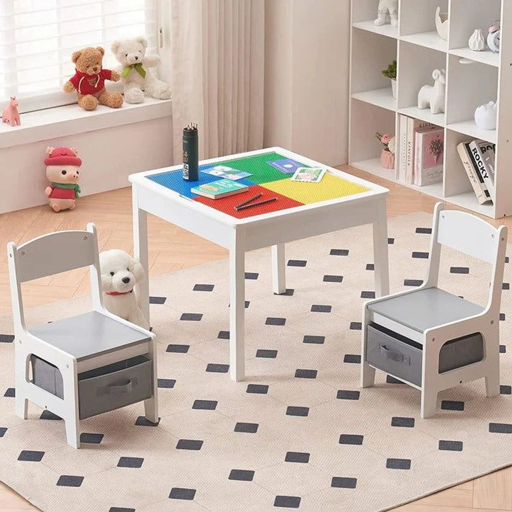 Kinder Home Drveni dvostrani dječiji sto sa dvije stolice, Bijeli/Sivi slika 1