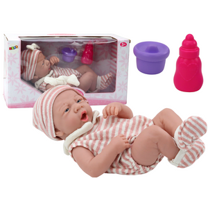Lutka novorođenče - Prugasta odjeća, šešir, čarape, bočice