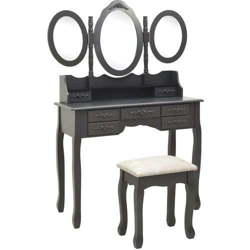 Toaletni stolić sa stolcem i trostrukim ogledalom sivi slika 10