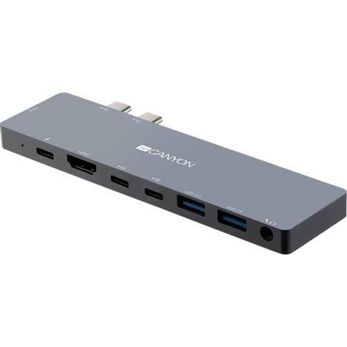 CANYON DS-8 Multiport Docking Station with 8 port, 1*Type C PD100W+2*Type C data+2*HDMI+2*USB3.0+1*Audio. Input 100-240V, Output USB-C PD100W&amp;USB-A 5V/1A, Aluminium alloy, Space gray, 135*48*10mm, 0.056kg slika 2