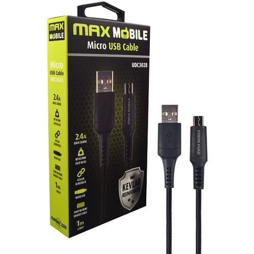 Maxmobile data kabel micro usb udc3028 kevlar black 2.4a qc 1m slika 1