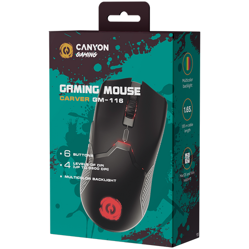 CANYON Carver GM-116 Gaming Miš, 6 tipki, žičani, A603EP senzor, DPI do 3600, gumirani premaz, Huano prekidač, 1.65M PVC kabel, crna boja slika 6