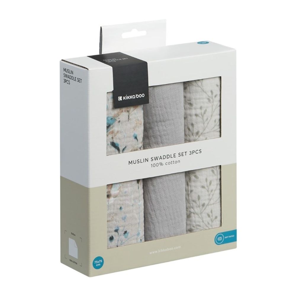 Kikka Boo Muslin pelene Dreamy Fields Grey 75x75cm, 3kom slika 1