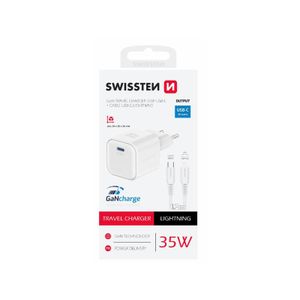 SWISSTEN punjač za AC220, GaN, 35W, 1xUSB-C, 3A, bijeli + Lightning kabel