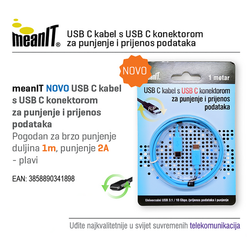 MeanIT USB kabl za smartphone, USB C / USB C, 1 met - KMUSBC2 slika 2