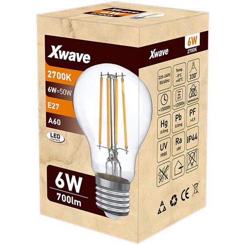 Xwave E27 6W SL-F-A6-2700K Filament Sijalica 2700K,220V,700Lm,Toplo Bela slika 2
