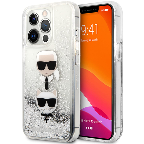 Maska Karl Lagerfeld Hc Liquid Glitter 2 Heads za iPhone 14 Pro 6.1 srebrna (KLHCP14LKICGLS) slika 1