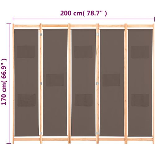 Sobna pregrada s 5 panela od tkanine 200 x 170 x 4 cm smeđa slika 41