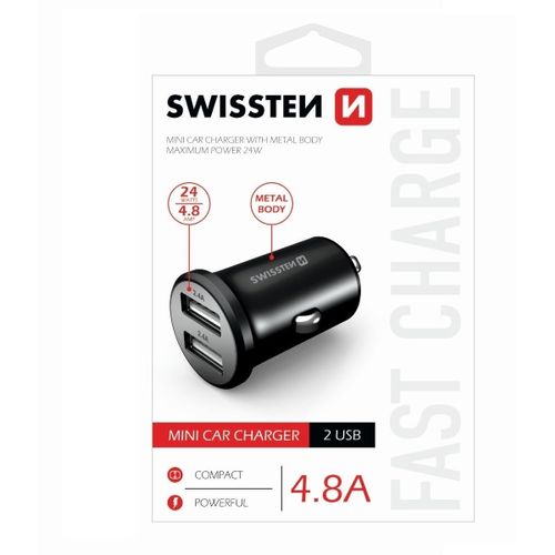 SWISSTEN punjač za auto, metalni, 2xUSB, 4.8A, crni slika 1