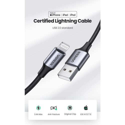 Ugreen Lightning na USB-A kabel, pleteni, 1.5m - u kutiji slika 3