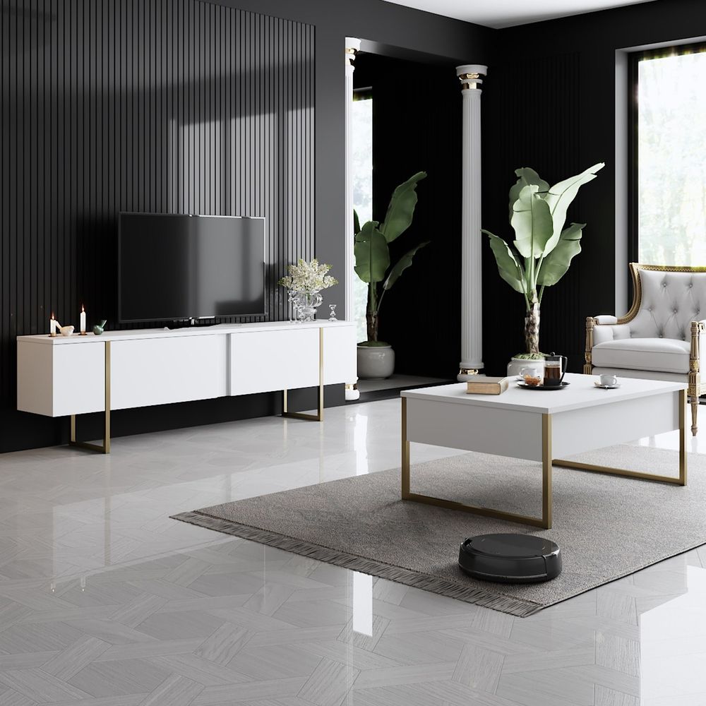 Luxe Set - Bijeli, Zlatno Bijeli Komplet Namještaja za Dnevni Boravak slika 1