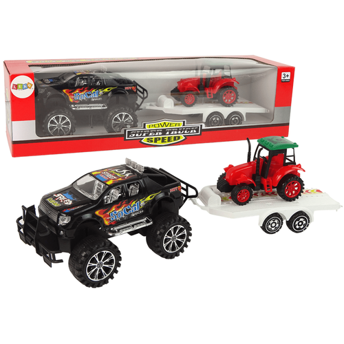 Set vozila Monster Truck s bagerom na prikolici, crno-crveni slika 2