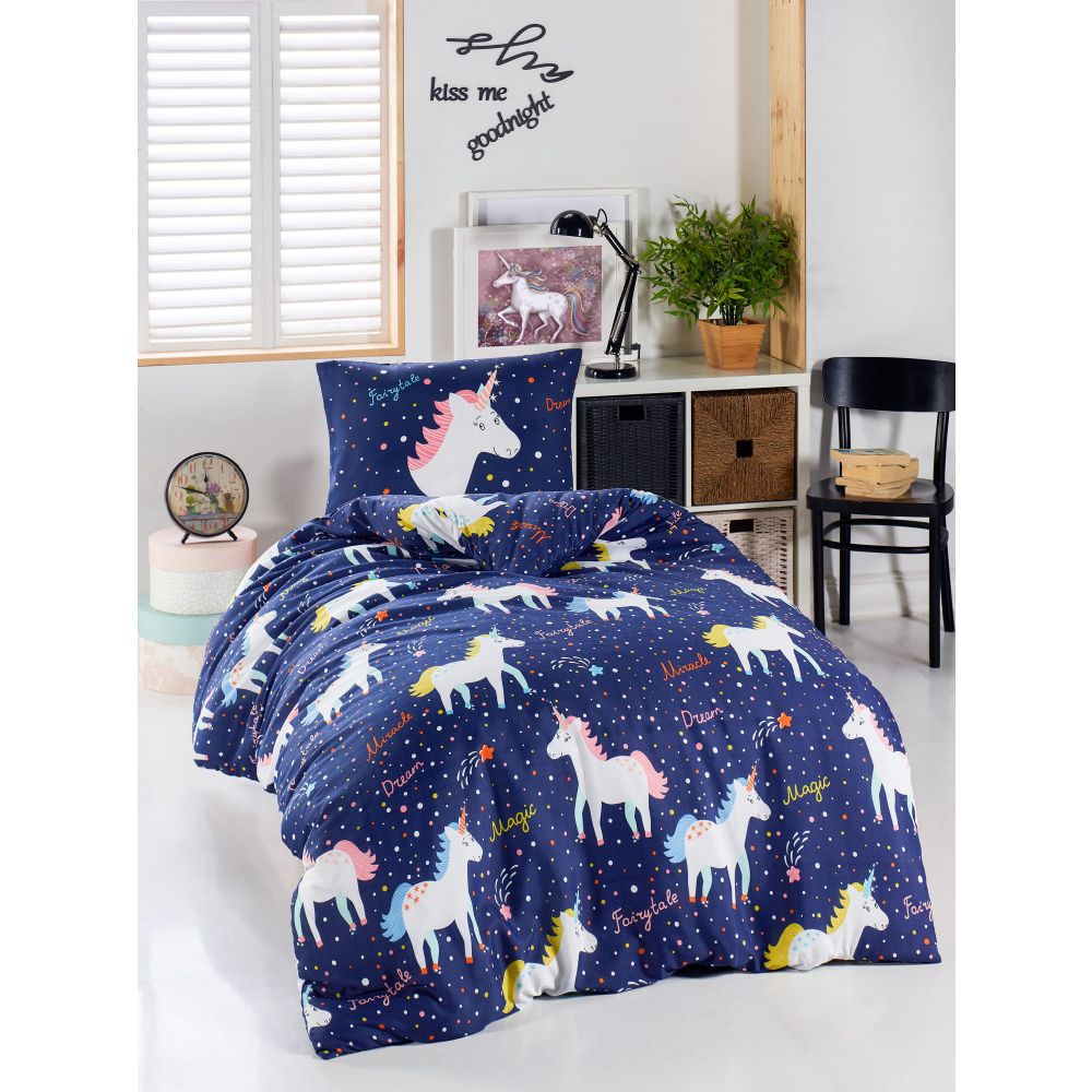 Set Posteljine Magic Unicorn u Tamnoplavoj, Bijeloj, Žutoj, Roza i Narančastoj Boji slika 1