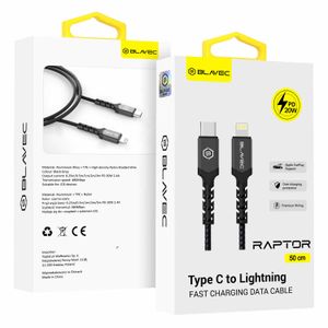 BLAVEC RAPTOR OPLETENI KABEL – TYPE- C NA LIGHTNING – PD 20W 2.4A 0.50 m crno-sivi