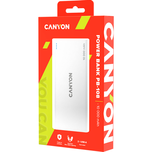 CANYON PB-108 Power bank 10000mAh Li-poly battery, Input 5V/2A, Output 5V/2.1A(Max), 140*68*16mm, 0.230Kg, White slika 4