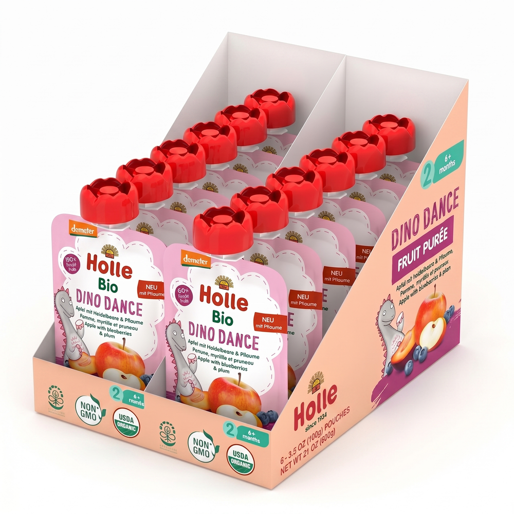 Holle Dino Dance voćni pire, jabuka i borovnica sa šljivom, 12x100G/12-pack XXL  slika 1